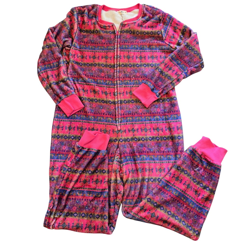 Natural Life Pajamas Womens M Boho Cozy Floral Zip Fleece Soft One Piece Pink